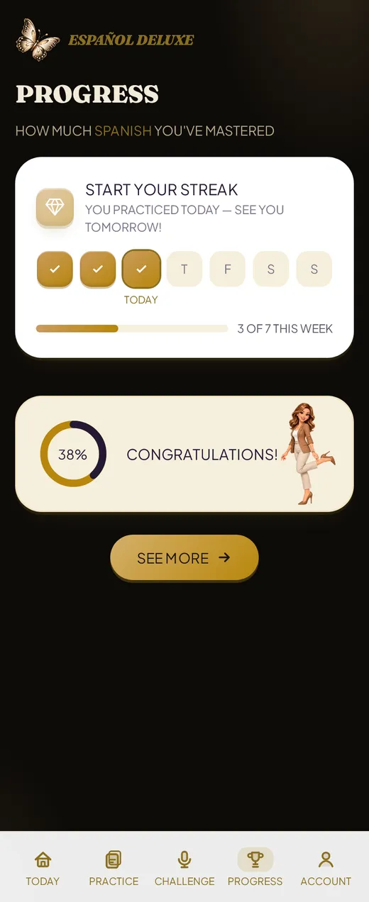 Progress screen with a weekly streak and 38% mastery