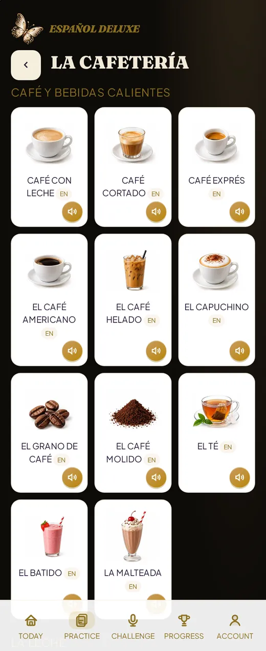 La cafetería vocabulary with photos and speaker buttons